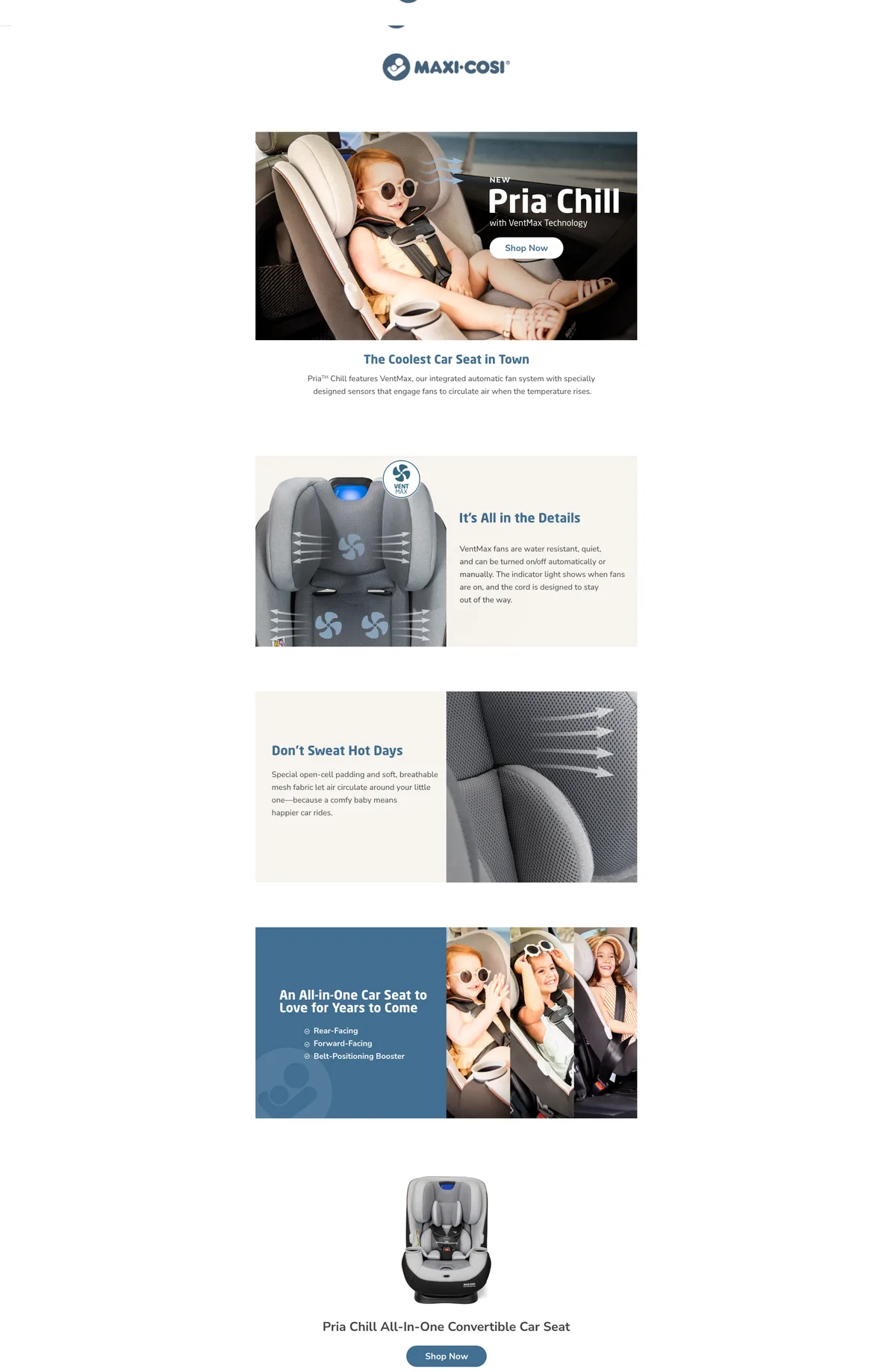 Maxi-Cosi Pria Chill landing page introducing VentMax fan technology, headlined The Coolest Car Seat in Town