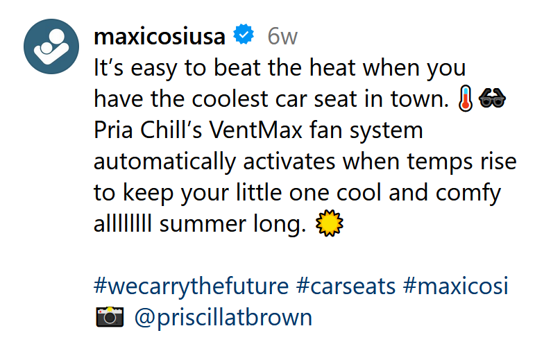 Instagram caption for the Maxi-Cosi Pria Chill and its VentMax automatic fan system