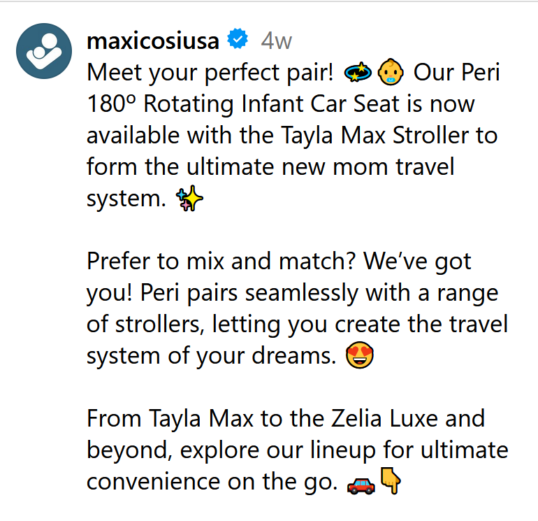 Instagram caption pairing the Maxi-Cosi Peri 180 car seat with the Tayla Max stroller as a travel system