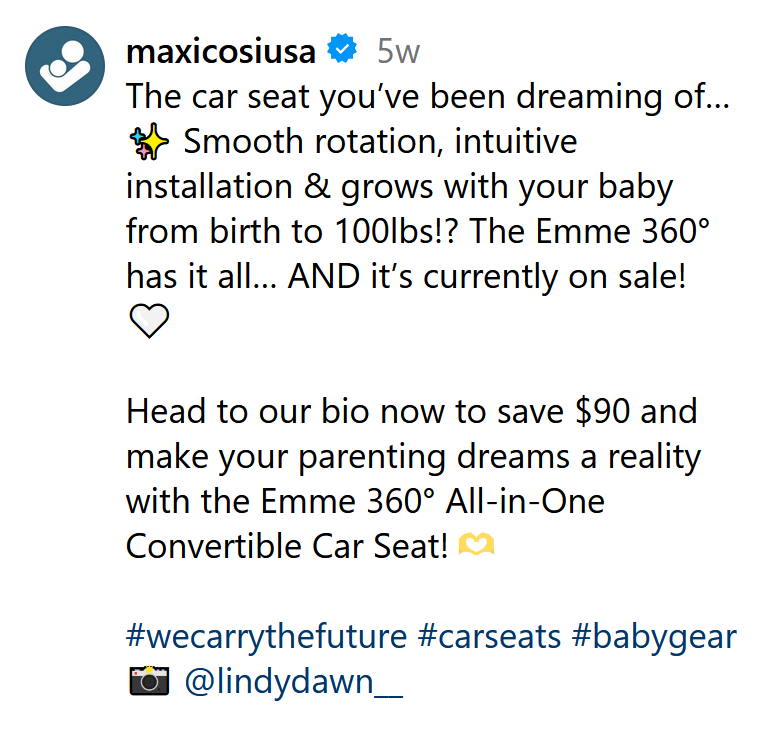 Instagram caption written for Maxi-Cosi promoting the Emme 360 all-in-one convertible car seat