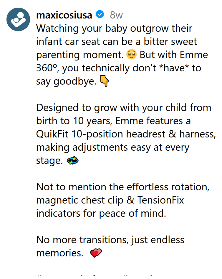 Instagram caption for Maxi-Cosi on the Emme 360 car seat growing with a child from birth to ten years