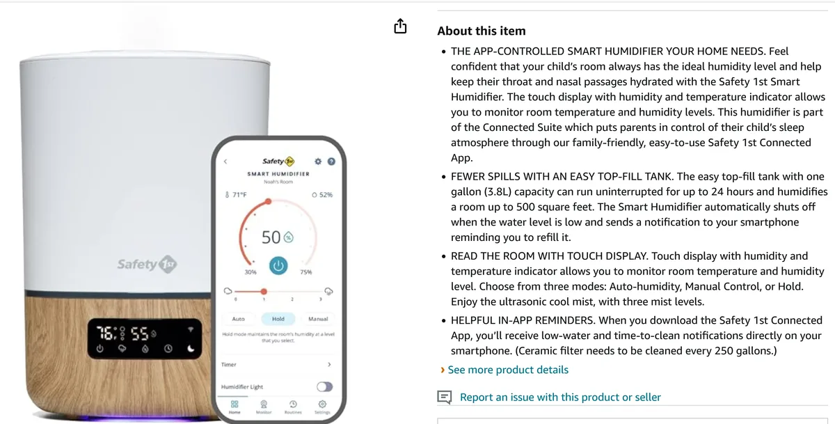 Amazon product detail copy for the Safety 1st Connected Smart Humidifier