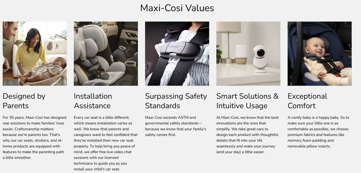 Maxi-Cosi brand values page covering parent-led design, installation support, safety standards, and comfort