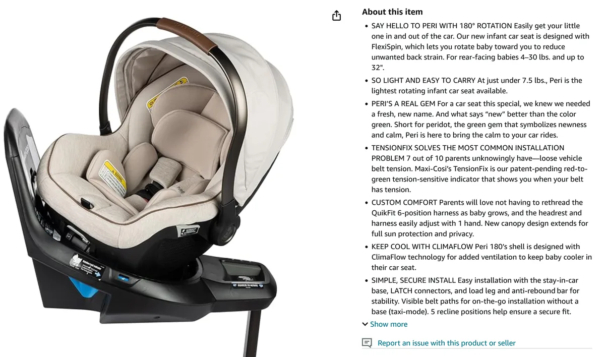 Amazon product detail copy for the Maxi-Cosi Peri 180 rotating infant car seat