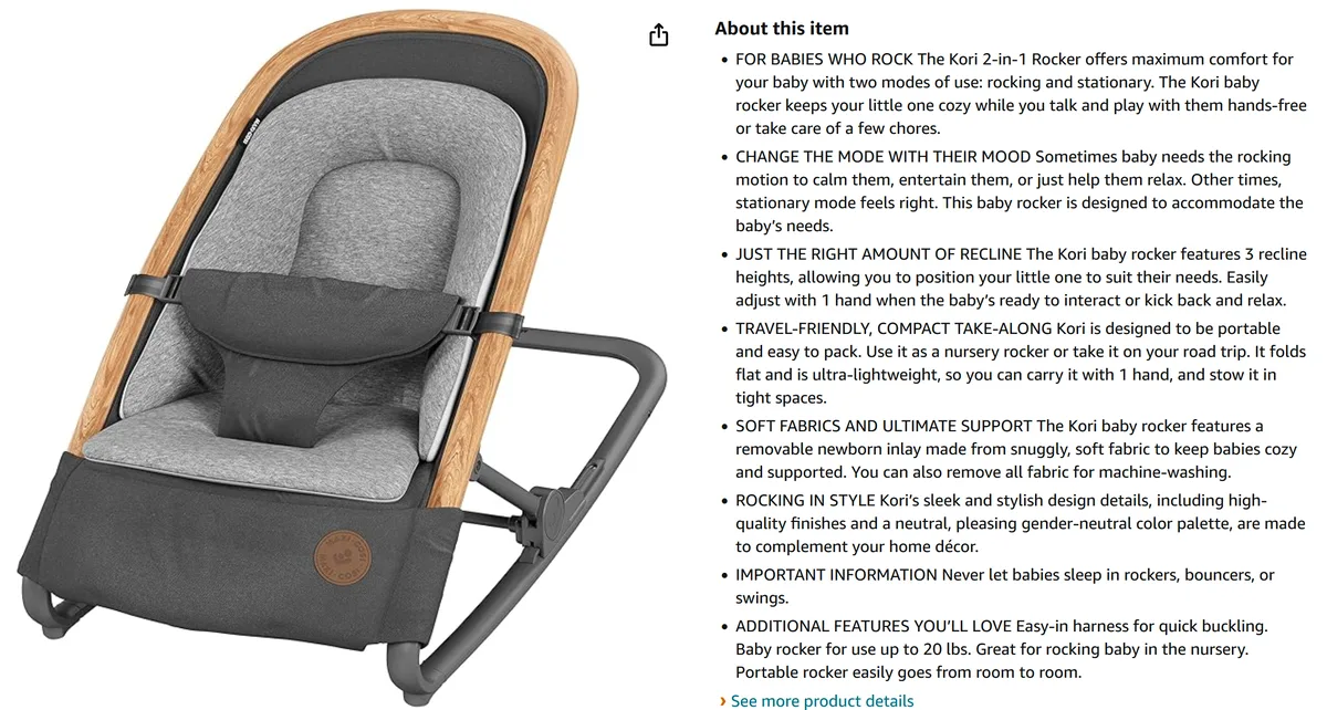 Amazon product detail copy for the Maxi-Cosi Kori 2-in-1 baby rocker