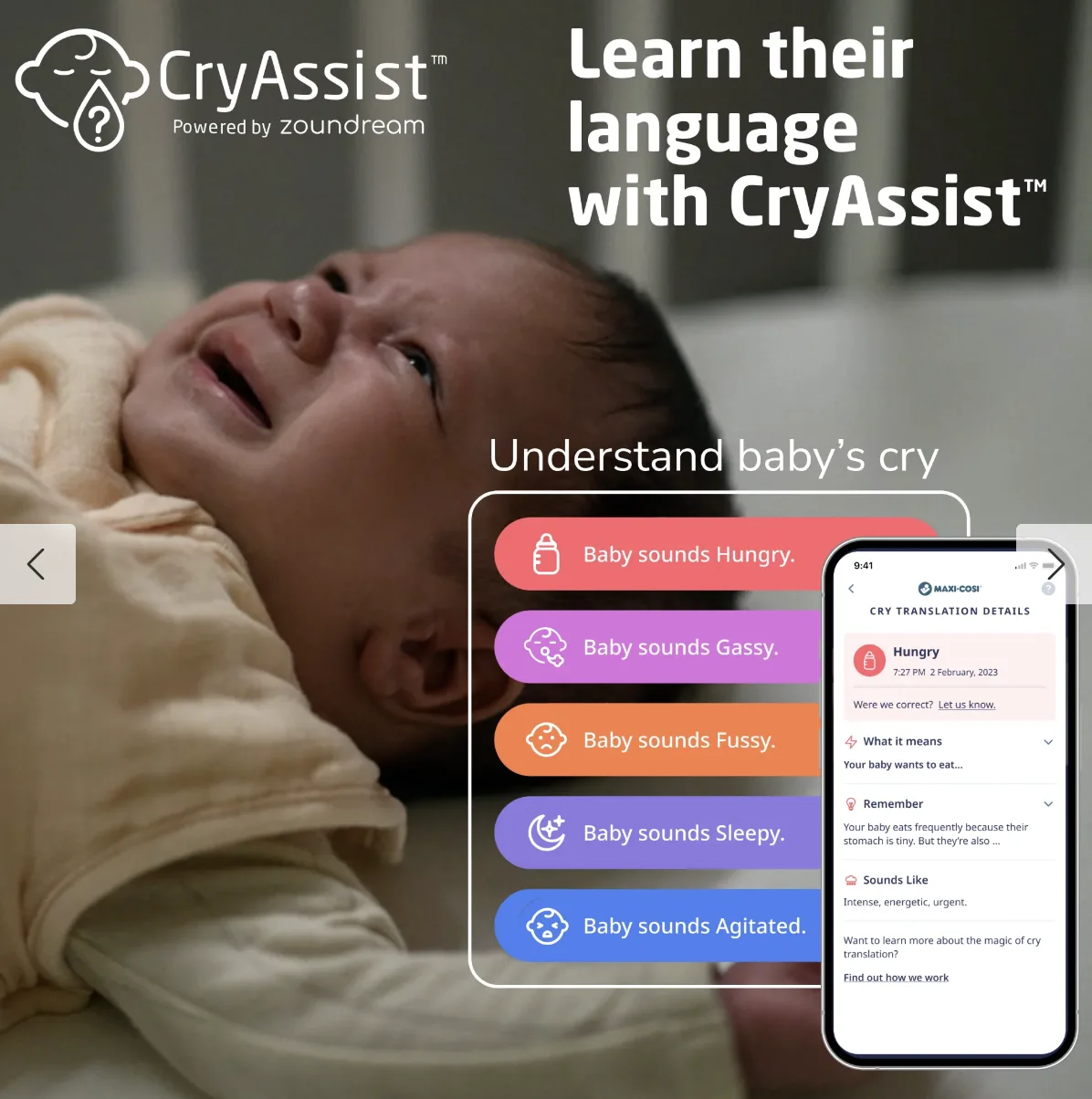 Maxi-Cosi CryAssist launch creative explaining baby cry translation, powered by Zoundream