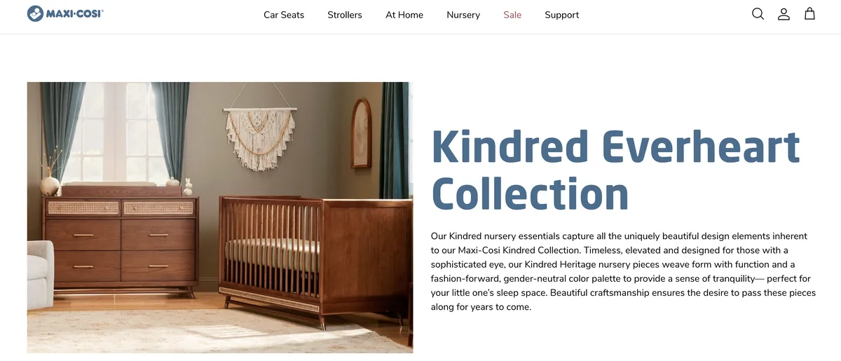 Maxi-Cosi Kindred Everheart nursery collection page written for the brand site