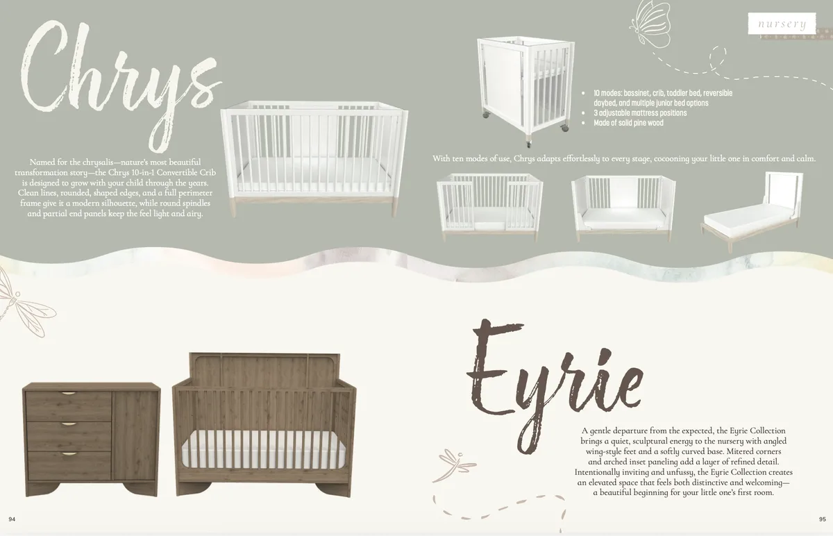 Nursery catalog spread introducing the Chrys and Eyrie crib collections, including product naming