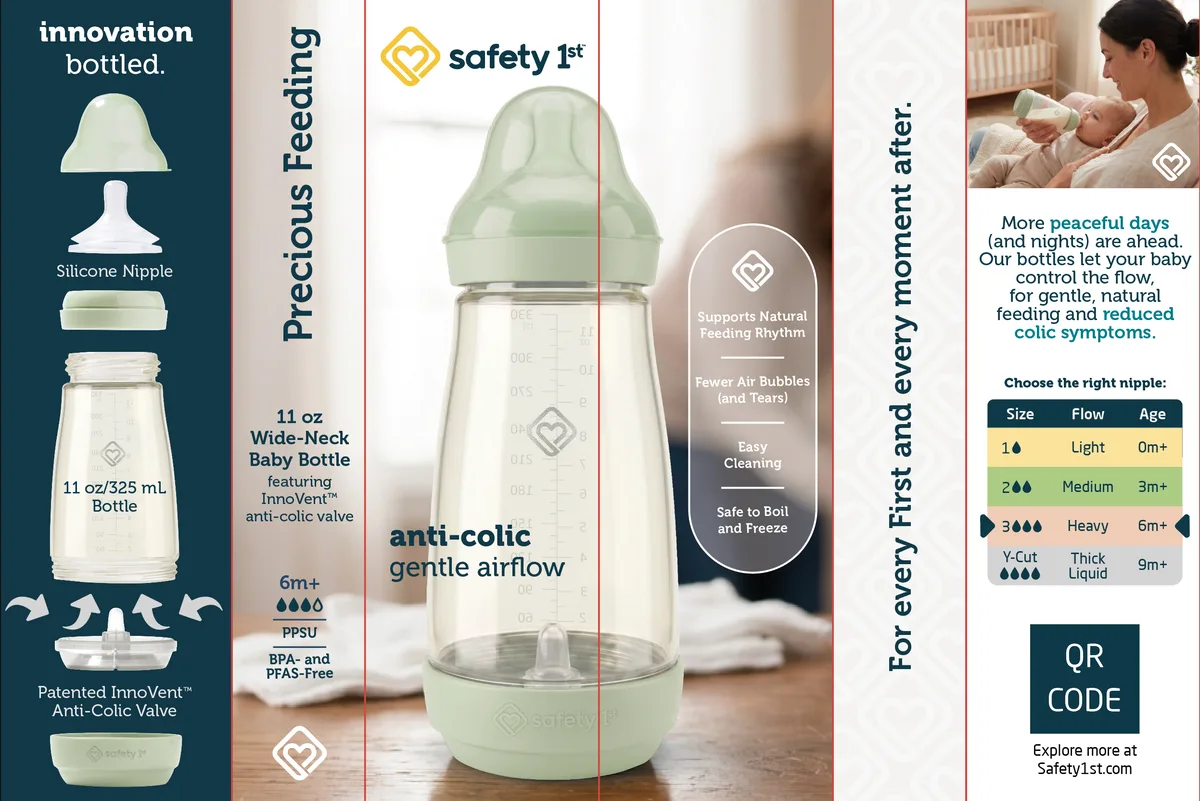 Safety 1st anti-colic baby bottle packaging copy, covering the InnoVent valve, feeding benefits, and nipple flow guide