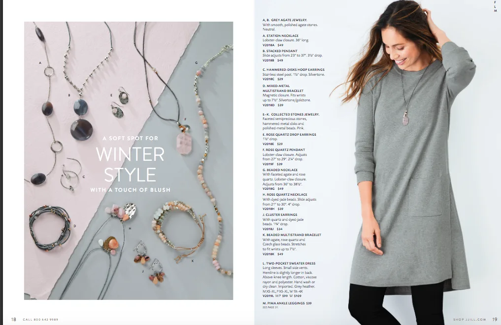 J.Jill catalog spread on winter jewelry styling, headlined A Soft Spot for Winter Style