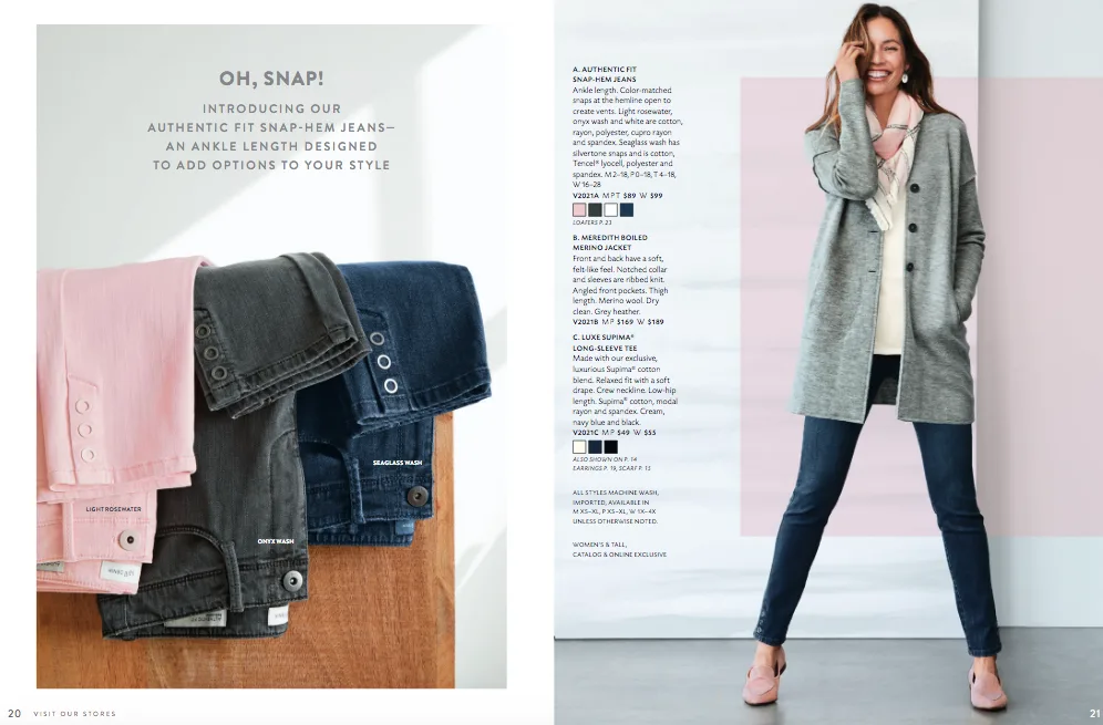 J.Jill catalog spread introducing Authentic Fit snap-hem jeans, headlined Oh, Snap!