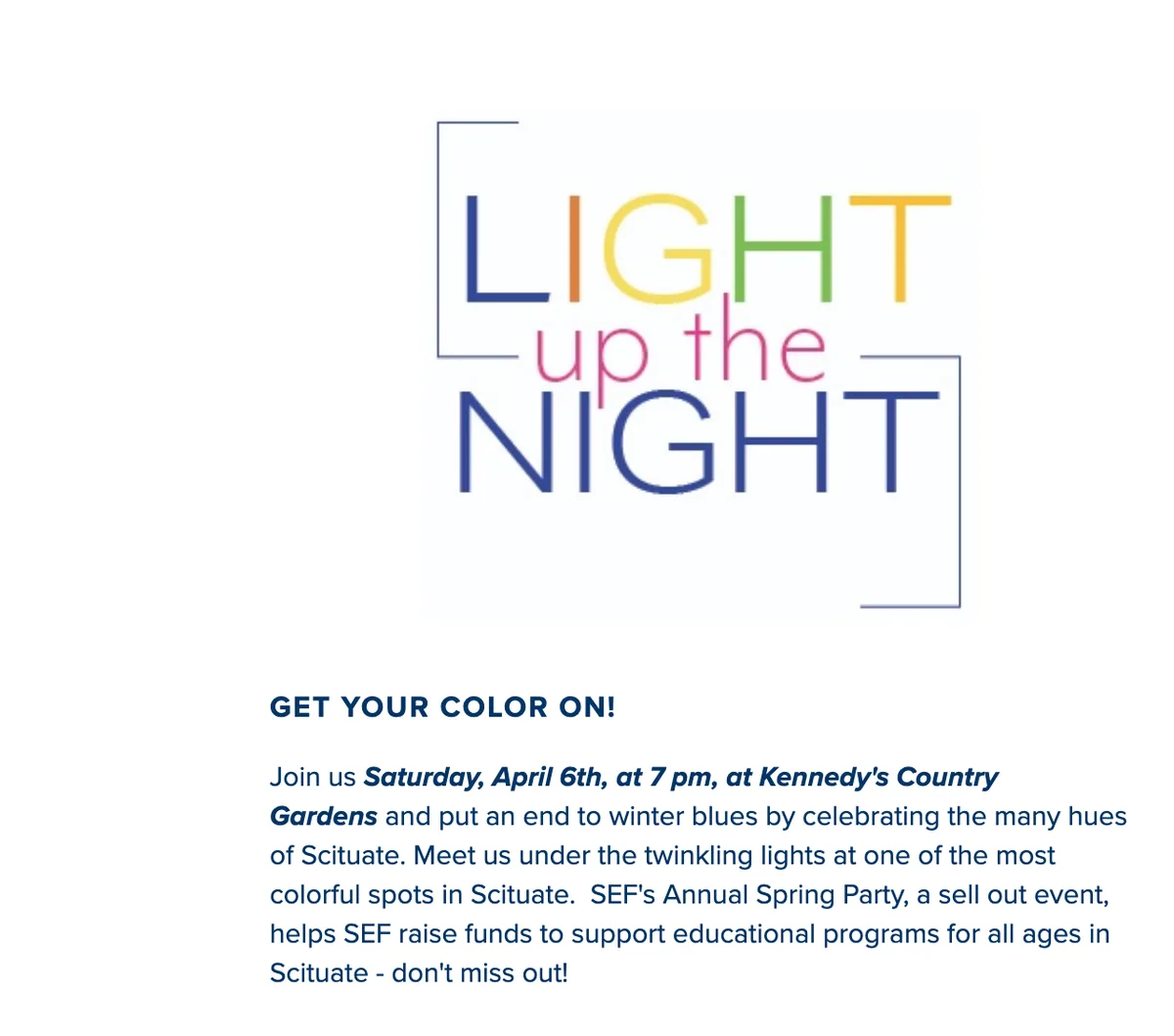 Light Up the Night event email written for the Scituate Education Foundation spring party