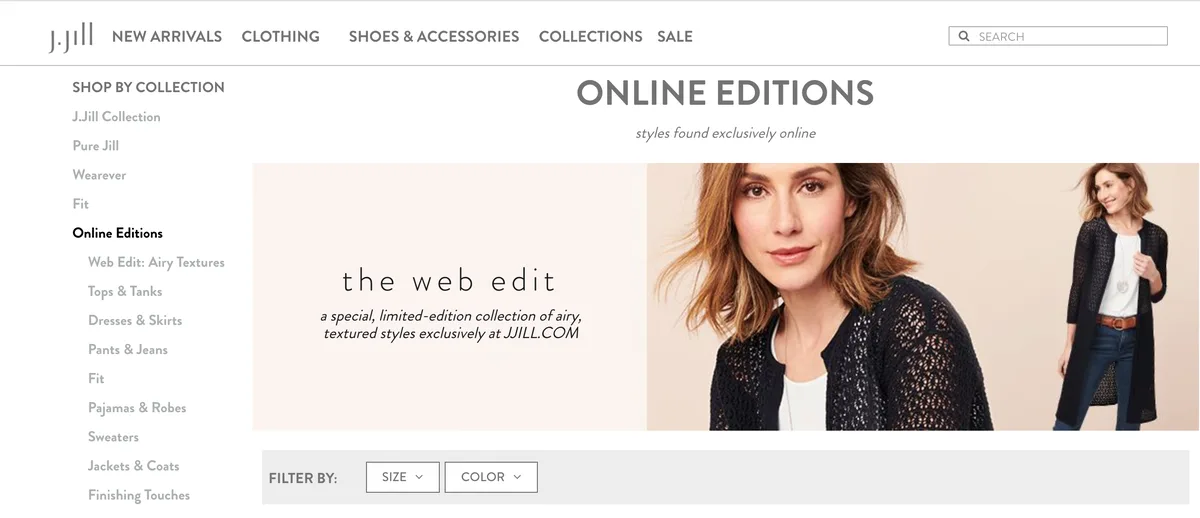 J.Jill Online Editions collection page introducing The Web Edit